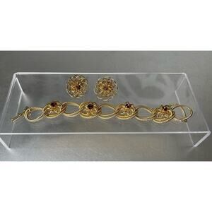 Vintage Chunky Gold Bracelet Statement Citrine & Matching Clip On Earrings Regal